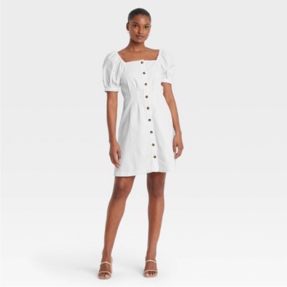 Who What Wear White Puff Sleeve Denim Dress Size L | 100% Cotton